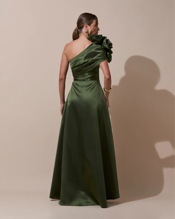 Vestido de Festa Longo Zibeline um Ombro Só Flor Drapeado Verde Oliva New