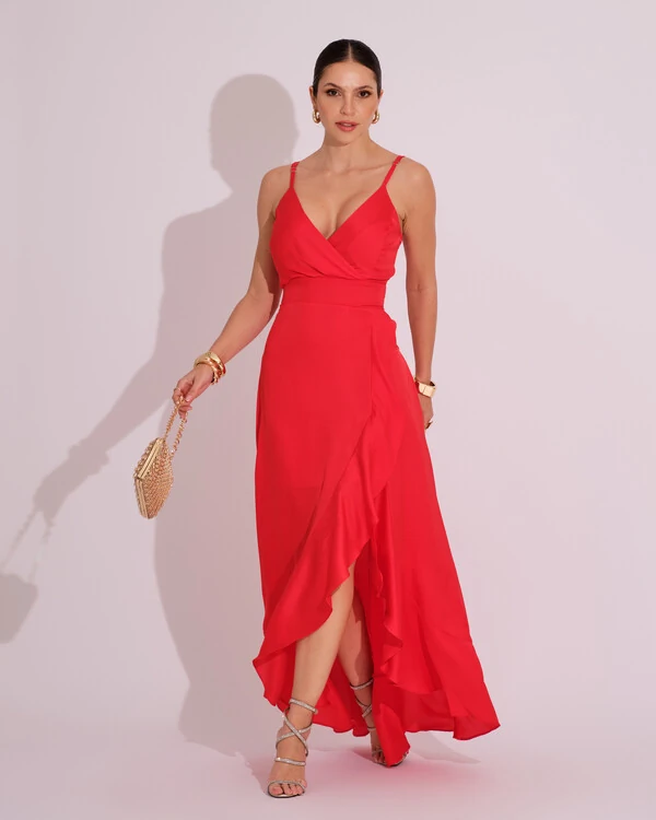 Vestido Midi Babado Acetinado Vermelho