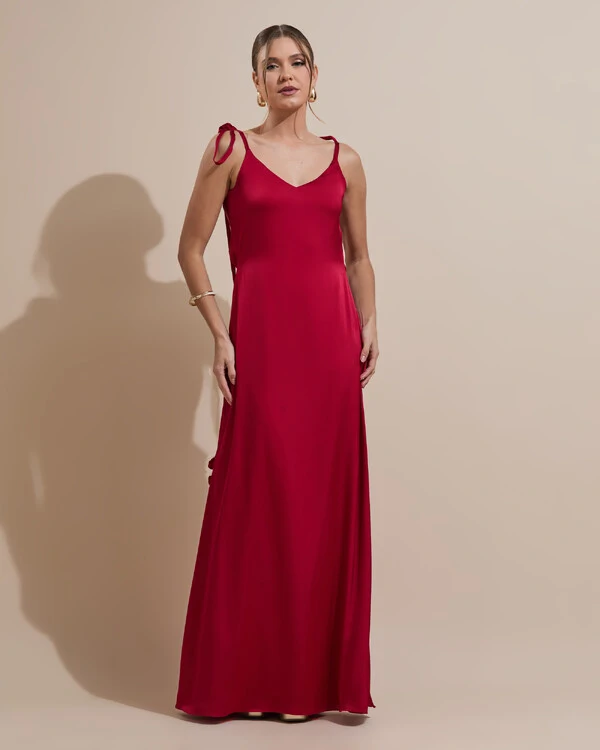 Vestido de Festa Longo Decote Degagê Costas Cetim Flores 3D Alças Marsala