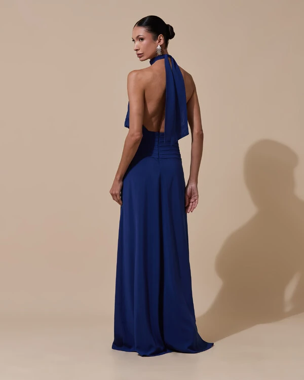 Vestido de Festa Longo Frente Única Busto Blousê Crepe Chiffon Drapeado Azul Marinho
