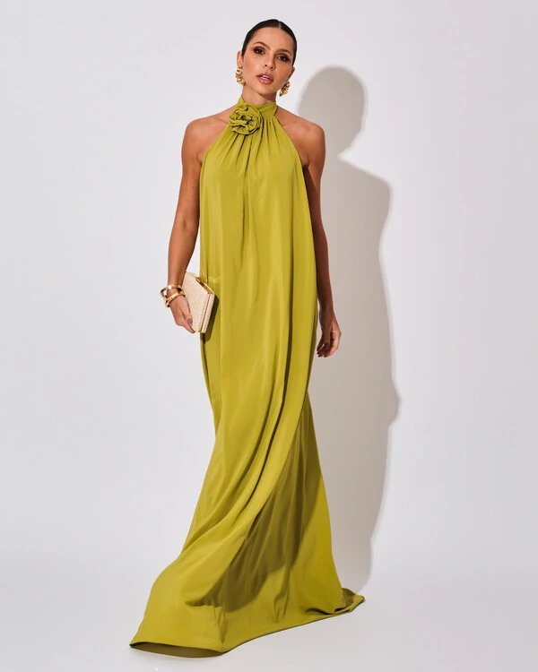 Vestido Longo Crepe Chiffon Frente Única Fluido Flor Removível Verde Lima