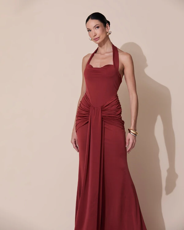 Vestido de Festa Longo Decote Coração Malha Jersey Drapeado Costas Trançada Terracota