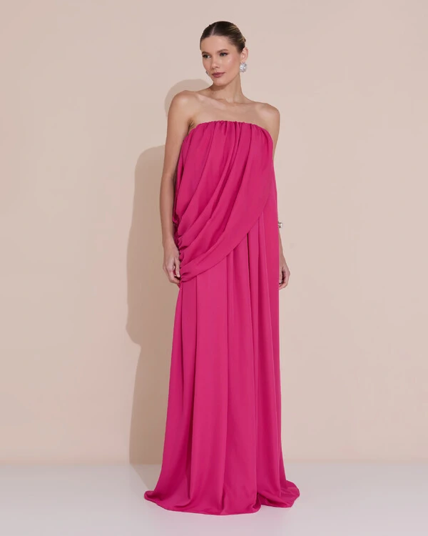 Vestido de Festa Longo Tomara Que Caia Crepe Chiffon Drapeado Pink Escuro