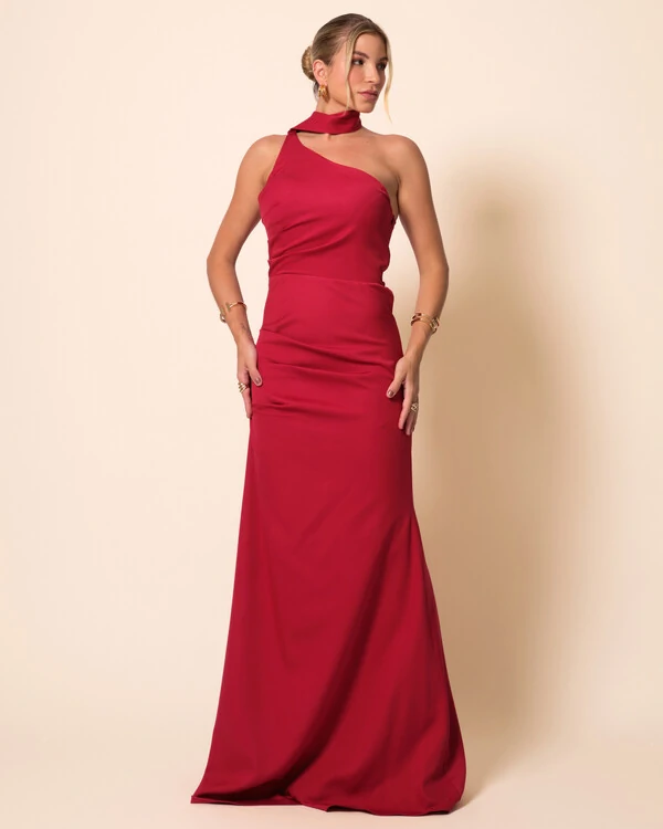 Vestido de Festa Longo Alafataria Um Ombro Só Detalhe Drapeado Cereja