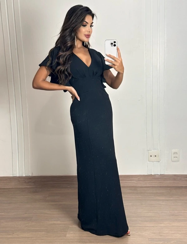 Vestido Longo com Decote em V e Manga Babado Preto