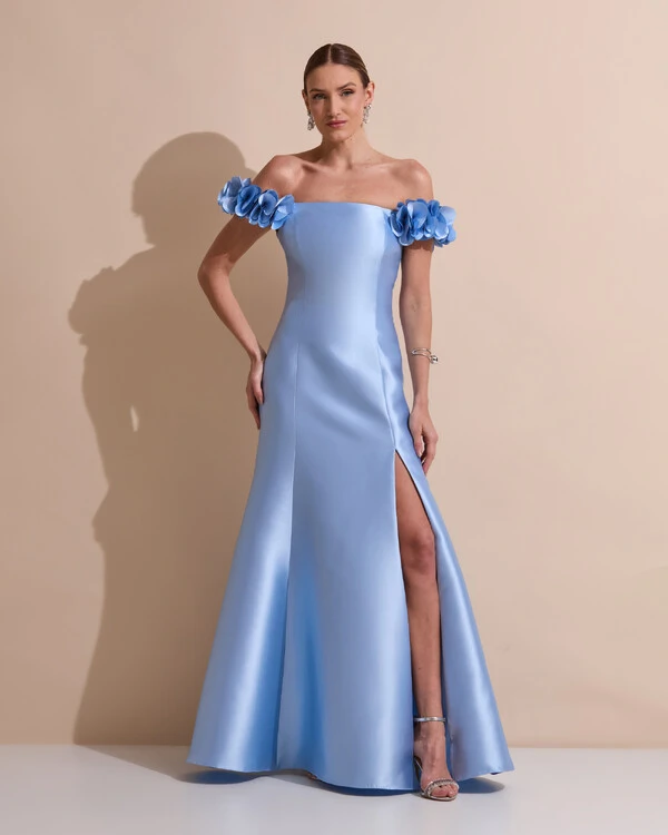 Vestido Longo de Festa Zibeline Ombro a Ombro com Flores e Fenda Serenity New