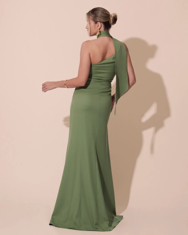 Vestido de Festa Longo Alfaiataria Um Ombro Só Detalhe Drapeado Verde Matcha