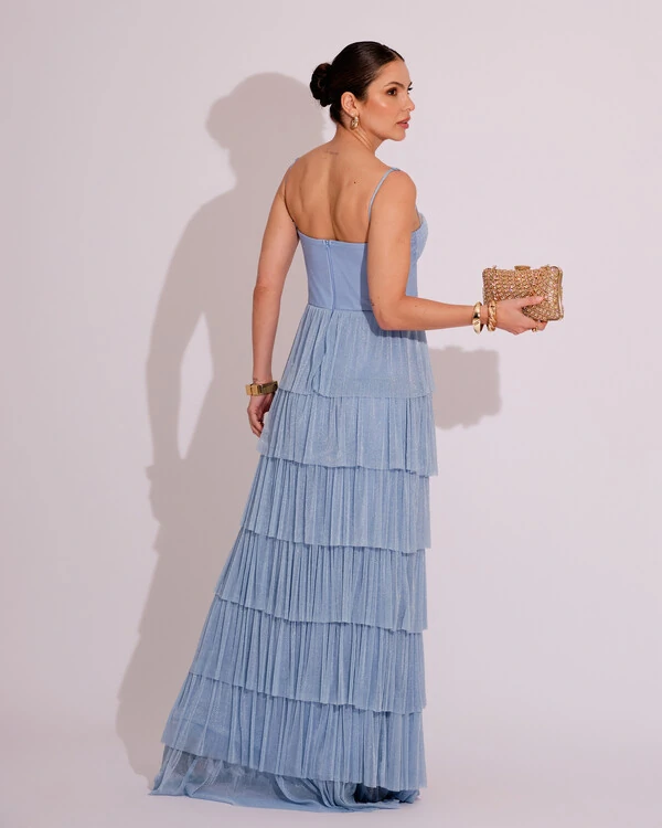Vestido de Festa Longo Tule Glitter com Camadas Azul Serenity