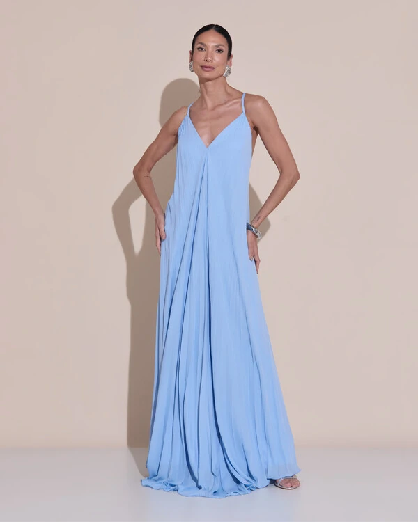 Vestido de Festa Longo Plissado Crepe Chiffon Decote V Alças Finas Serenity
