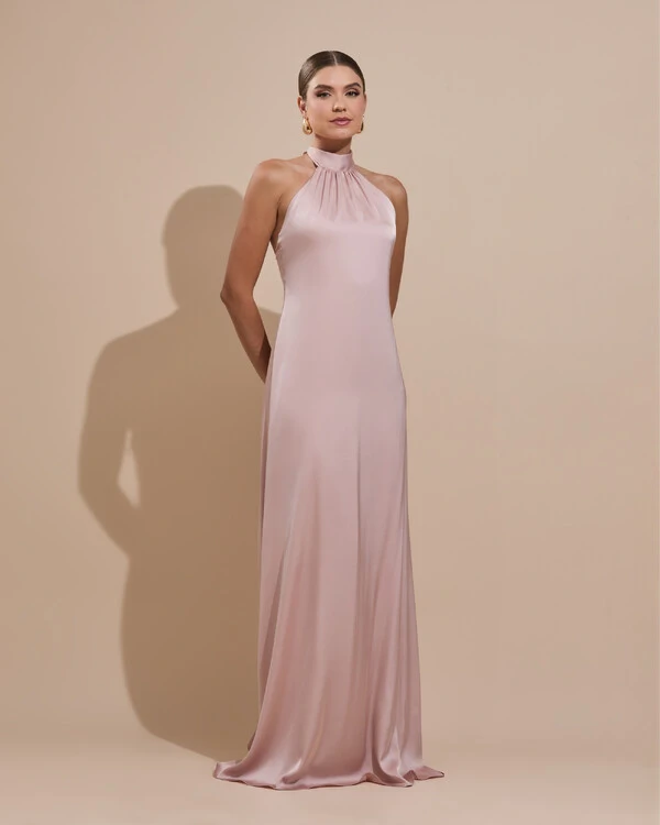 Vestido de Festa Gola Alta com Decote nas Costas Acetinado Rosa Nude