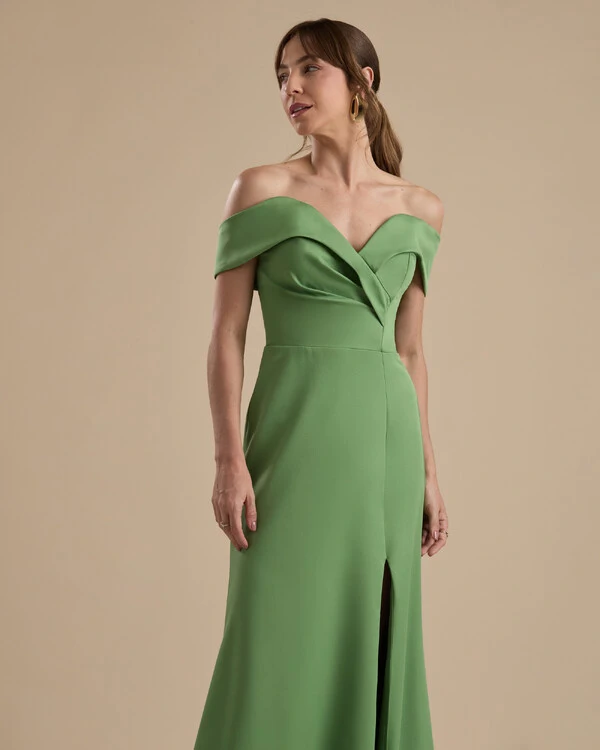 Vestido de Festa Longo Alfaiataria Ombro a Ombro com Fenda Verde Matcha