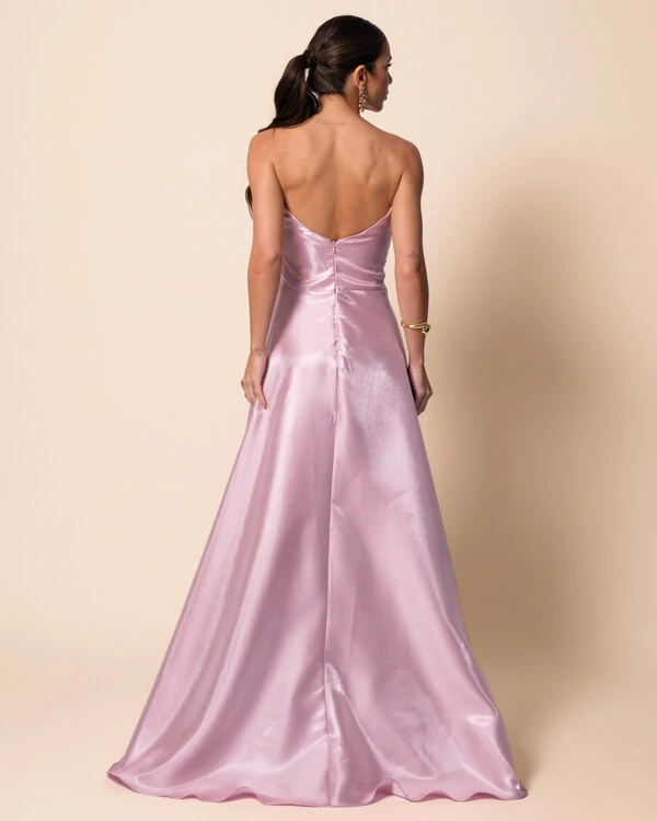 Vestido de Festa Longo Cetim Cristal Tomara que Caia Drapeado Rosa