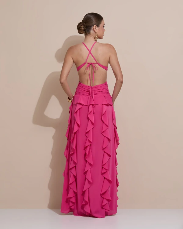 Vestido de Festa Longo Decote V Recortes Drapeado Crepe Chiffon Babados Cascata Pink New