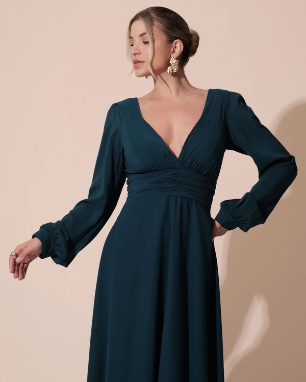 Vestido de Festa Manga Longa com Cintura Drapeada Decote V Verde Escuro
