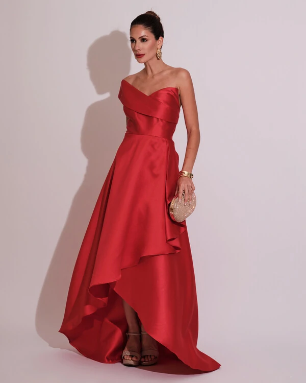 Vestido de Festa Longo Zibeline um Ombro Só Mullet Vermelho