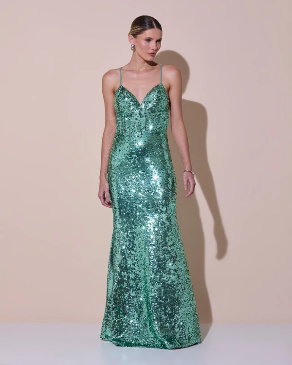 Vestido de Festa Longo Decote V Paetê Alças Finas Saia Sereia Verde Menta