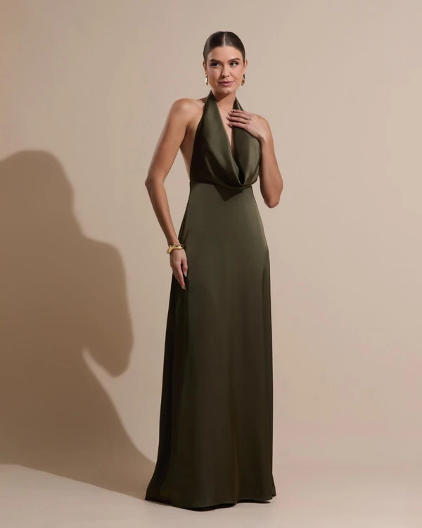 Vestido de Festa Longo Frente Única Degagê Cetim Fluido Verde Oliva