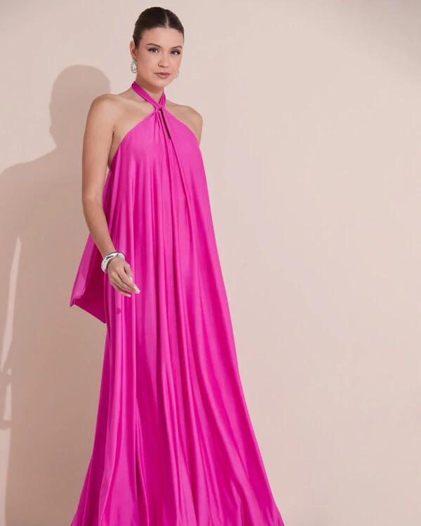 Vestido Longo com Amarração em Malha Pink