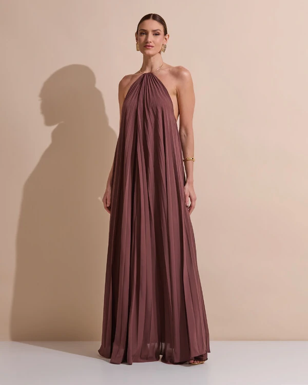 Vestido de Festa Longo Frente Única Plissado Crepe Chiffon Argola Marrom