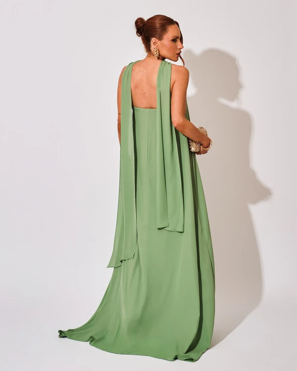 Vestido de Festa Longo Crepe Tomara que Caia com Lenço Verde Matcha