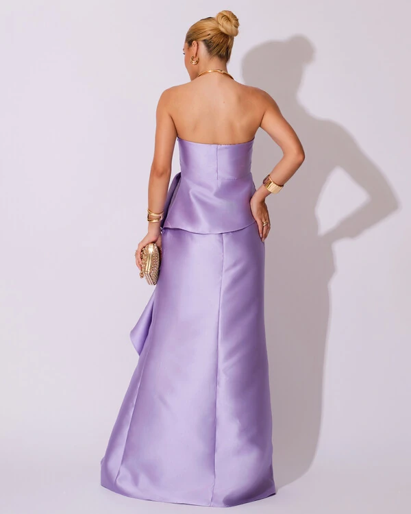 Vestido de Festa Longo Tomara que Caia Babado Cascata Lilás