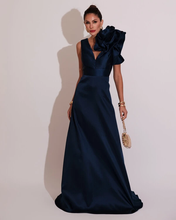 Vestido de Festa longo Zibeline Flor Azul Marinho