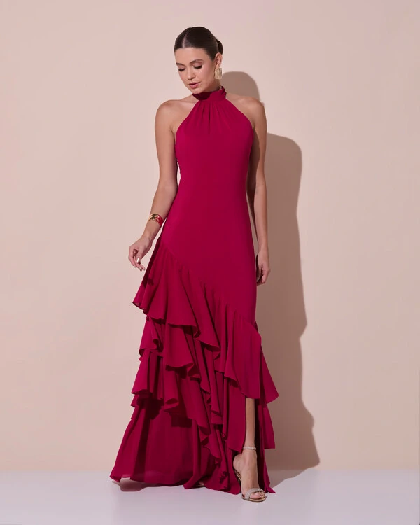 Vestido de Festa Longo Chiffon Crepe Gola Alta Babados Cereja