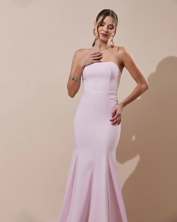 Vestido de Festa Longo Alfaiataria Tomara que Caia Saia Sereia Rosa Claro