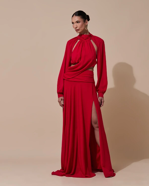 Vestido de Festa Longo Gola Alta Crepe Chiffon Recortes Drapeado Manga Longa Fenda Vermelho
