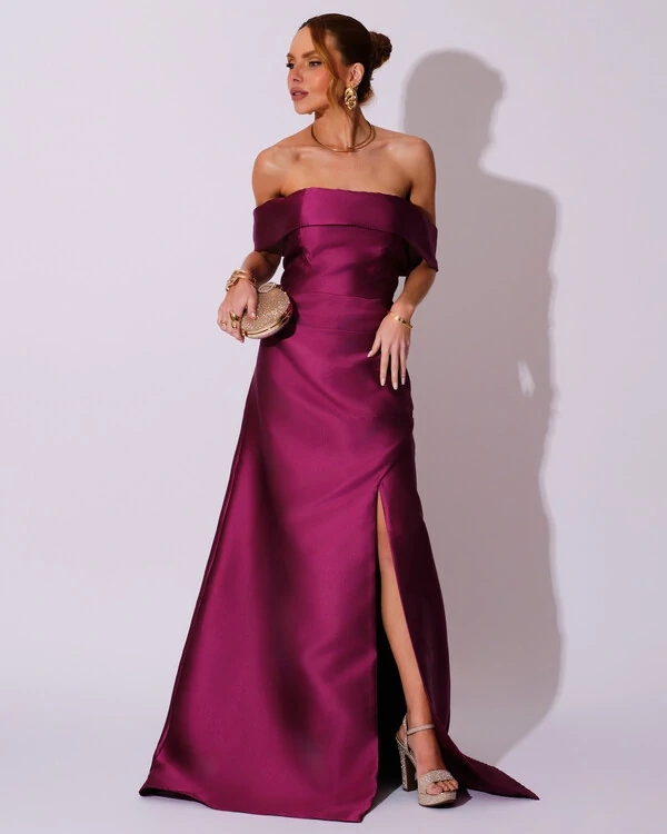 Vestido de Festa Longo Zibeline Ombro a Ombro Drapeado e Fenda Fúcsia