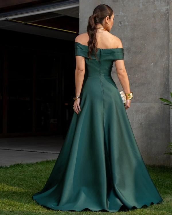 Vestido de Festa Longo Zibeline Ombro a Ombro com Fenda Verde Escuro