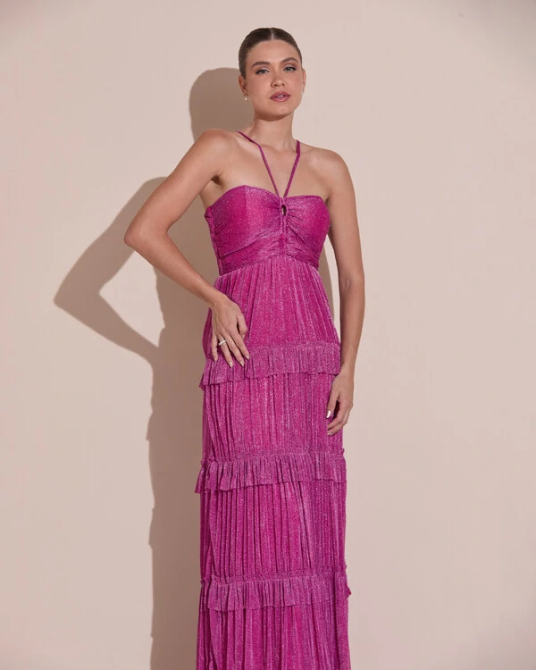 Vestido de Festa Longo Tule com Saia Babado Fúcsia
