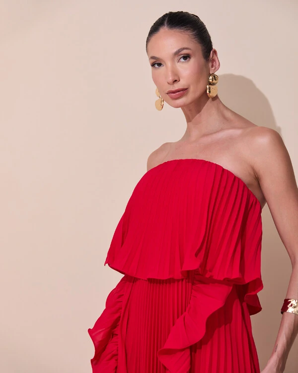 Vestido de Festa Longo Crepe Chiffon Tomara que Caia Plissado com Babado Cascata Vermelho