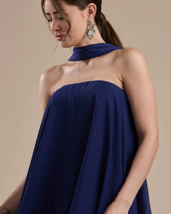 Vestido de Festa Longo Chiffon Crepe em Camadas com Lenço Azul Marinho