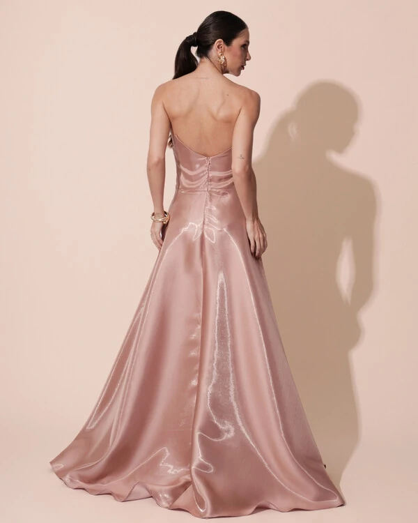 Vestido de Festa Longo Cetim Cristal Tomara que Caia Drapeado Mocha Mousse