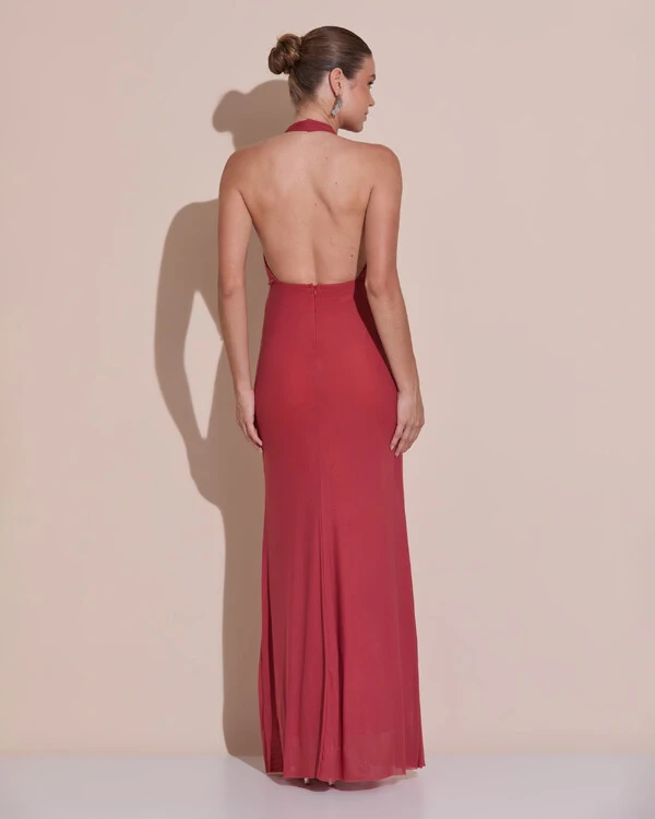 Vestido de Festa Longo Frente Única Decote V Tule Drapeado Faixa Terracota