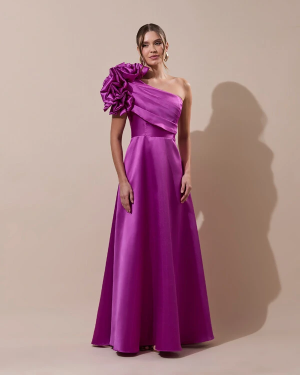 Vestido de Festa Longo Zibeline um Ombro Só Flor Drapeado Fúcsia