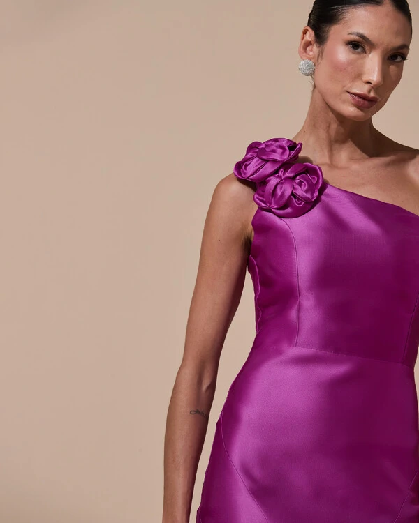 Vestido de Festa Longo Zibeline um Ombro Só Flor Removível Saia Sereia Fúcsia