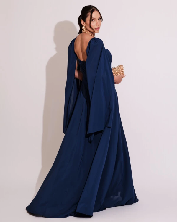 Vestido de Festa Longo com Capa Azul Marinho