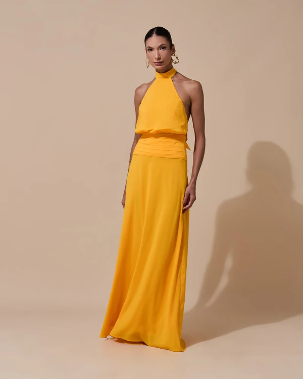 Vestido de Festa Longo Frente Única Busto Blousê Crepe Chiffon Drapeado Laranja Manga New