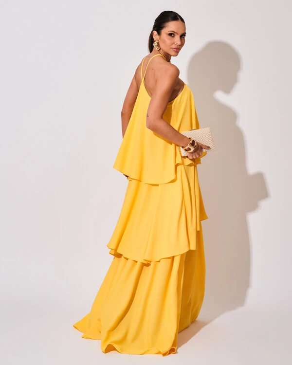 Vestido Longo Crepe Chiffon Babado em Camadas Amarelo