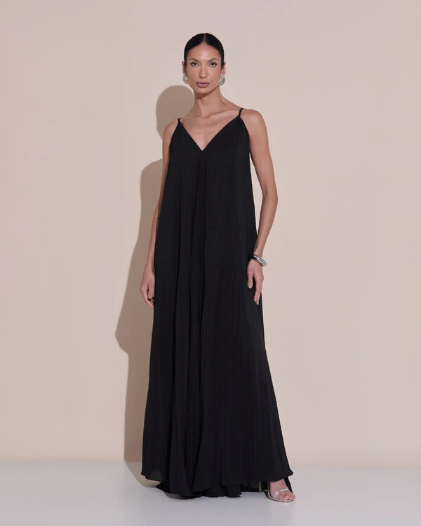 Vestido de Festa Longo Plissado Crepe Chiffon Decote V Alças Finas Preto
