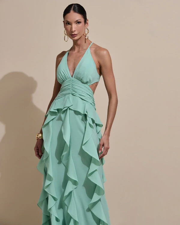 Vestido de Festa Longo Decote V Recortes Drapeado Crepe Chiffon Babados Cascata Verde Menta