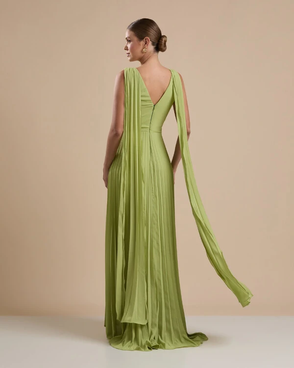 Vestido de Festa Longo Crepe Chiffon Plissado com Lenço nas Alças Verde Garden
