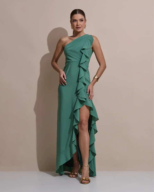 Vestido de Festa Midi Um Ombro Só Crepe Chiffon Babados Cascata Fenda Verde Matcha Escuro