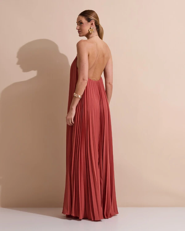 Vestido de Festa Longo Frente Única Plissado Crepe Chiffon Argola Terracota