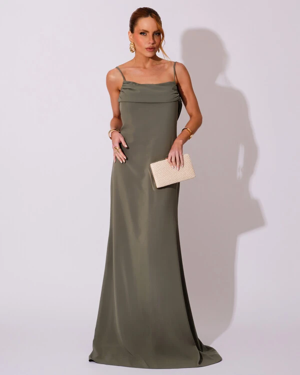 Vestido de Festa Longo Crepe Chiffon Costas Lenço Cauda Verde Oliva