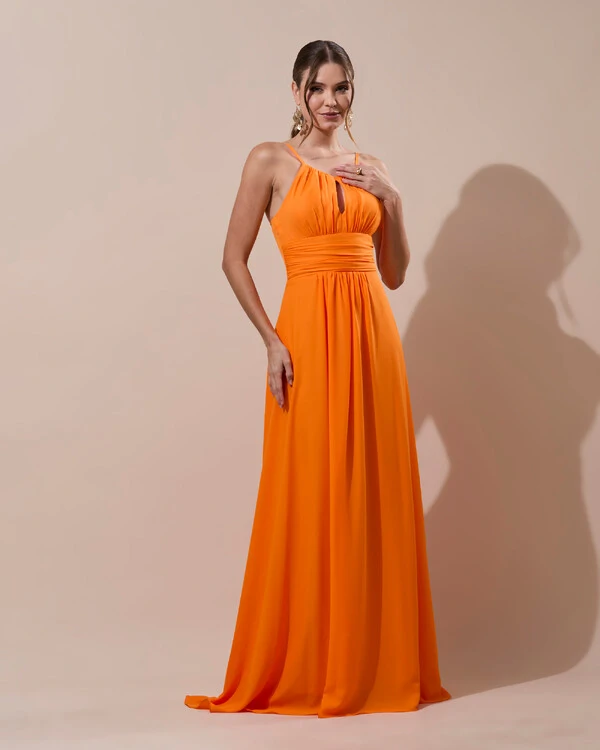 Vestido de Festa Longo Crepe Chiffon Drapeado com Alças e Saia Fluida Laranja