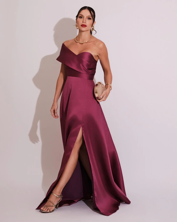 Vestido de Festa longo Faixa Ombro e Fenda Zibeline Fúcsia