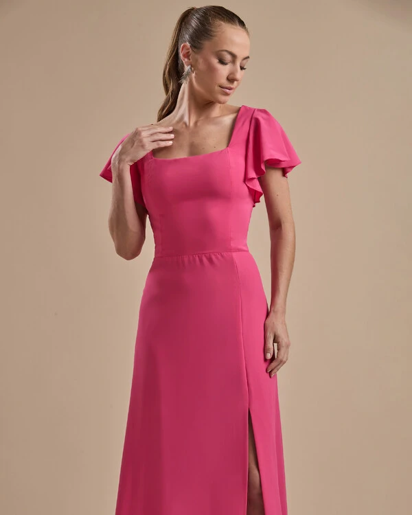 Vestido de Festa Longo Crepe Chiffon Manga Babado e Fenda Pink New